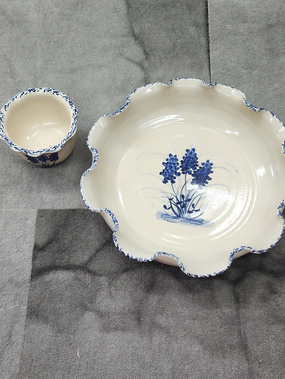 Cream and Blue Floral Scalloped Ceramic Serving Bowl and Cup Set